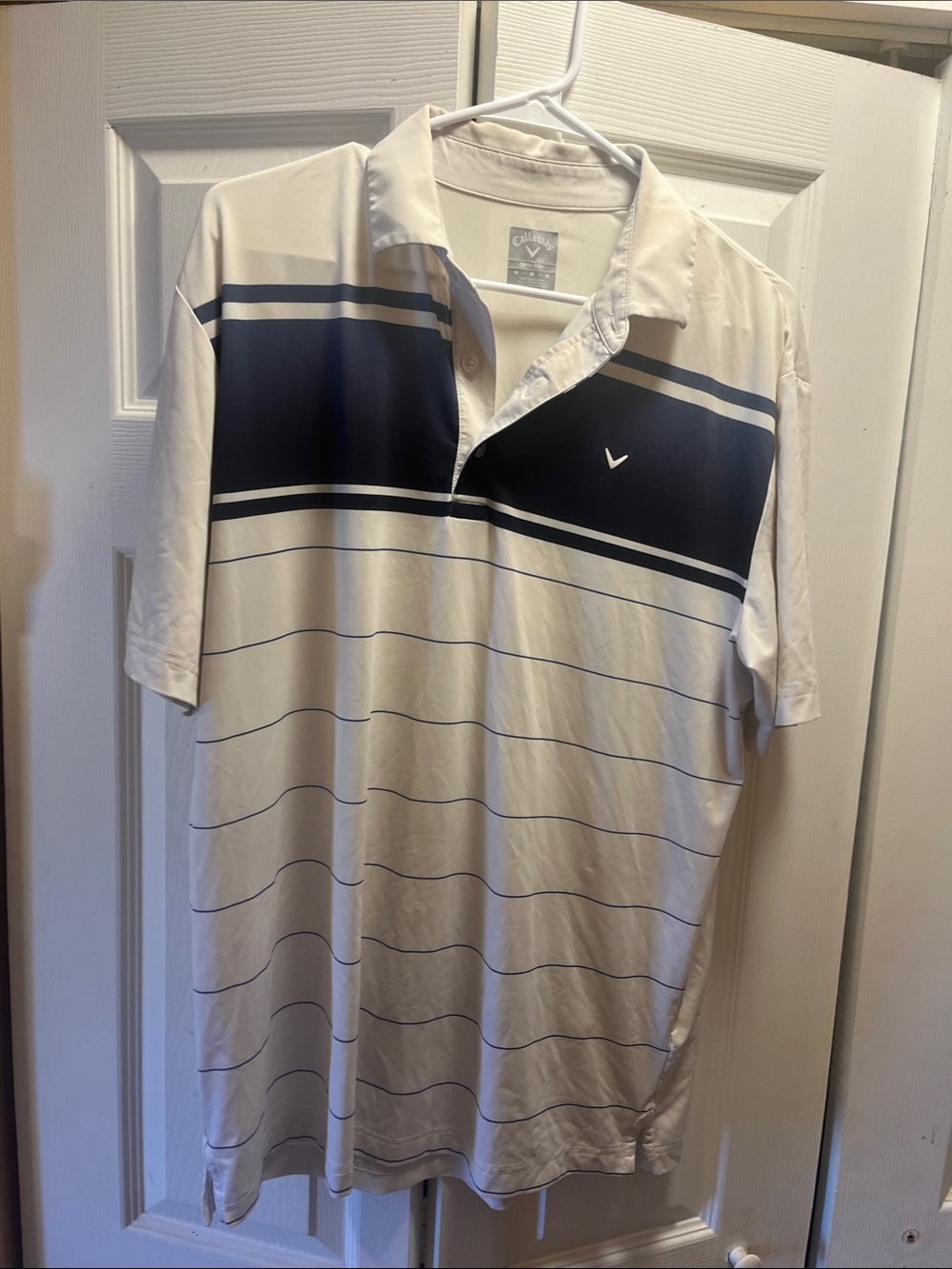 Callaway White Polo with Navy Chest Panel and Thin Stripe Accents